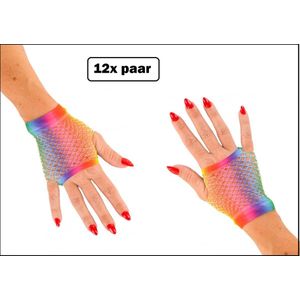 12x Paar Regenboog nethandschoen kort vingerloos - net handschoen carnaval gay pride festival optocht vingerloze thema feest
