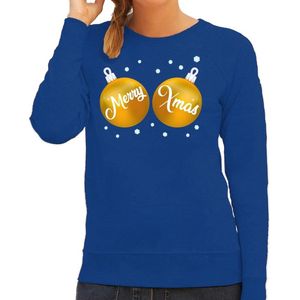 Foute kersttrui / sweater blauw met gouden Merry Xmas borsten voor dames - kerstkleding / christmas outfit L