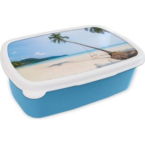Broodtrommel Blauw - Lunchbox - Brooddoos - Strand - Palmbomen - Schommel - 18x12x6 cm - Kinderen - Jongen
