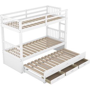 Stemily Stapelbed - Uitschuifbaar Bed - 3 Lades - 90x200 matrassen - Hoogwaardig Grenenhout en MDF - 205 cm x 96 cm x 160 cm