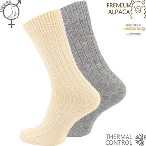 2 paar Wollen sokken met Alpacawol - Fijn gebreid - Unisex - Ecru-Grijs - Maat 39-42