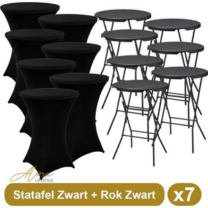 7x Zwarte Statafel + Zwarte Statafelrok x 7 – ø80 cm x 110 cm hoog