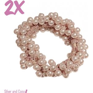 SilverAndCoco® - 2 Parel Elastieken Glitter Haar strik / Dik Elastiek met Glitters Steentjes Parels Scrunchie / Glamour Diadeem Haarelastieken Diamantjes Dames / Pearl Kerst Feest Oud en Nieuw Haarbanden Diamand Breed - 2 Stuks Roze