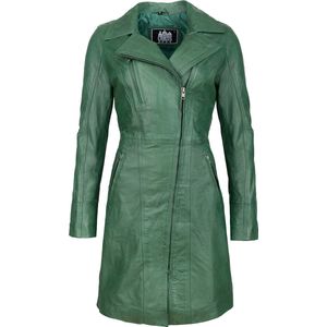 Urban 5884® - Janice - Dames - Lange Leren Jas - Lamsleer - Schuine ritssluiting - Groen - Maat 4XL