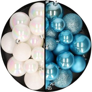 Kerstballen 60x stuks - mix parelmoer wit/ijsblauw - 4-5-6 cm - kunststof - kerstversiering