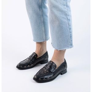 Manfield - Dames - Zwarte leren loafers met goudkleurige studs - Maat 37