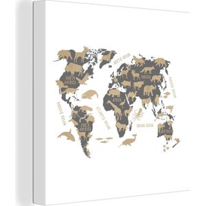Canvas Wereldkaart - 50x50 - Wanddecoratie Wereldkaart Kinderen - Bruin - Dieren