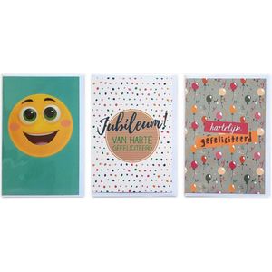 3 Wenskaarten – Jubileum + Van Harte Gefeliciteerd + Smiley - 12 x 17 cm – JUB-302