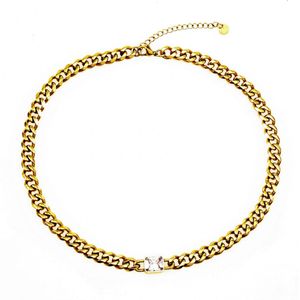 Dottilove Dames Ketting met Zirkoniasteen - Geel Gold Plated op RVS - Cubaanse Schakelketting