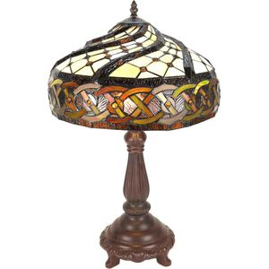 HAES DECO - Tiffany Tafellamp Ø 34x58 cm Bruin Kunststof Glas Tiffany Bureaulamp Tiffany Lampen Glas in Lood