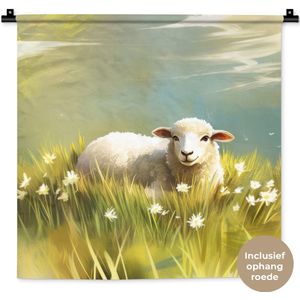 Wandkleed 60x60 cm - Wanddoek Schaap - Weide - Groen - Wandtapijt - Wandkleden