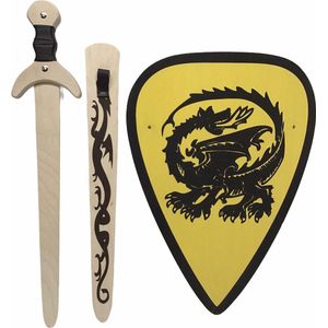 houten zwaard met schede en ridderschild geel met zwarte draak kinderzwaard ridder schild