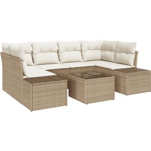 vidaXL - 7-delige - ligbed - set - met - kussens - in - beige - poly - riet