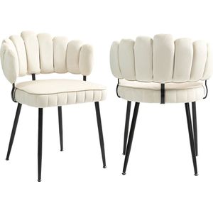 Merax Zachte Fluwelen Eetkamerstoelen 2-delig Set - Comfortabele Stoelen met Armleuningen - Moderne Vingergevormde Rugleuning en Hol Design - Beige