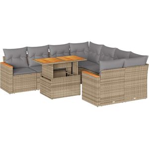 vidaXL 9-delige Loungeset - Poly Rattan & Acacia Loungebank - Lounge Set - Buitendecoratie - Tuinmeubelen - Tuinbank