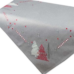 Kerst - tafelkleed - licht grijs met Kerstbomen in rood, wit en grijs er opgestikt - vierkant 85 cm