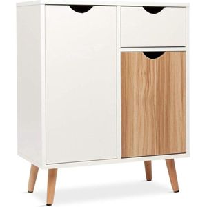 Houten Ladekast - 2 Deuren - Wit en Naturel - 60x30x73 cm - Tijdloos Ontwerp