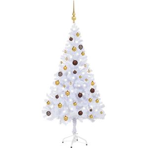 The Living Store Kunststof Kerstboom - 150 cm - Wit - 380 takken - Met 150 LEDs - Inclusief standaard - LED-lichtslinger - piek en 41 kerstballen - USB-aansluiting