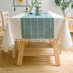 Rechthoekig tafelkleed van katoen en linnen met ruitpatroon en kwastjes, voor keuken of eetkamer, 140 x 240 cm, groen/wit