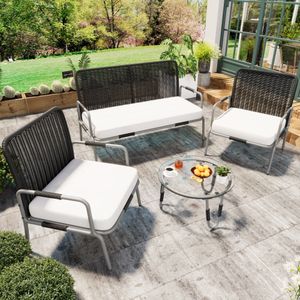 Poly rattan zitgroep, tuinmeubelzitset, tuinlounge voor 4 personen, met fauteuil, salontafel en kussens, afneembare en wasbare stoffen bekleding, grijs