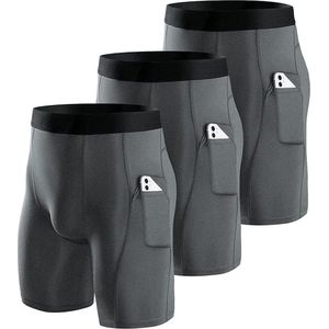 Hoogwaardige Heren Compressie Shorts - Ademend en Comfortabel - Met Zakken voor Telefoon - Ideaal voor Sport en Training - Set van 3 - Maat M - Grijs