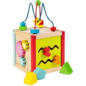 Boppi – kleine houten activiteiten kubus – spelend leren - kralenspiraal - vormenstoof - klok – tandwielen - vormenschuif (5-in-1)