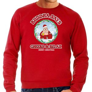 Bellatio Decorations foute Kersttrui/sweater heren - buddha says cheers & relax - rood - bier XL