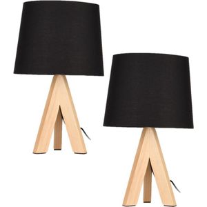 2x stuks tafellampen/schemerlampjes zwarte kap en houten poten 29 x 18 cm - Woonkamer lampjes