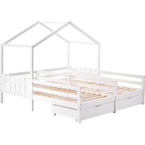 Merax Bed - 2 Eenpersoonsbedden 90x200 met Opbergruimte - Huisbed - Kinderbed - Wit