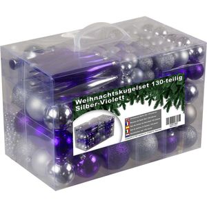 Kerstballenset - met kerstballen kerstslinger ijspegels en piek - 130 stuks - zilver met violet / paars