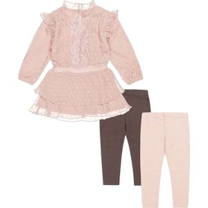 Koko Noko - Kledingset - Dusty Pink Jurk met kant - 2 leggings bruin en roze - Maat 140