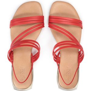 Red sandals on a flat metal heel