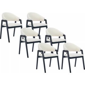 Vente-unique Set van 6 stoelen met armleuningen van boucléstof en heveahout - Wit en zwart - SOLUNA L 56 cm x H 82 cm x D 53.5 cm