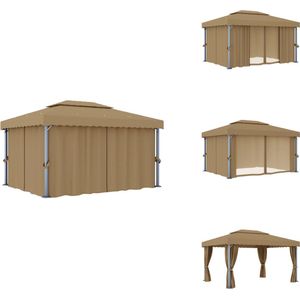 vidaXL Tuinpaviljoen - Tuinpaviljoenen - Overkapping - Overkappingen - Prieel met gordijn 4x3 m aluminium taupe