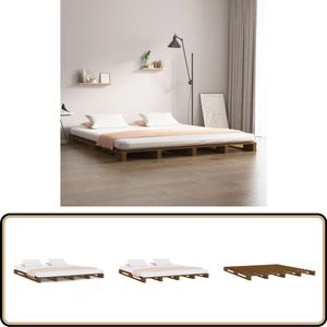 vidaXL Palletbed - Massief Hout - Honingbruin - 150x200 cm Palletbed - Houten Bed - Grenenhout Bed - Koningsplek Bed - Vintage Bed