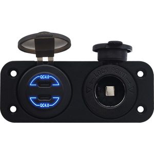 ProRide 12V USB C Autolader 2 Poorten Inbouw - 30W/QC4.0 - met 12/24V Sigaretten stopcontact - Blauw
