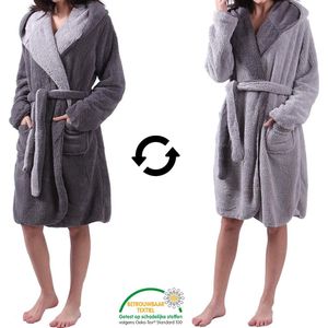 Sorprese Micro Fleece - Badjas - Maat S/M - Lichtgrijs/Donkergrijs - Dubbelzijdig met Capuchon - Ultra Zacht en Warm - Badjas Dames - Badjas Heren - Sauna - Cadeau - Oeko-Tex Standard 100