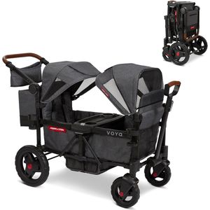 2-zits Kinderwagen Wagon voor Kinderen - Opvouwbare Bolderkar met Kap en Veiligheidsgordels