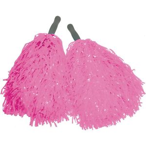 Cheerballs/pompoms - set van 2x - roze - met franjes en stick handgreep - 25 cm - voor kinderen