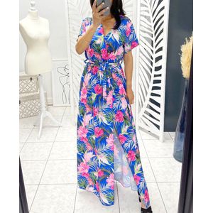 Exclusieve tropische jurk met split - blauw - one size (36-40)