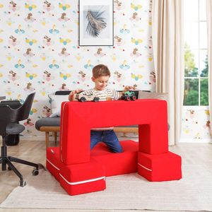 Kinderbank, 4-in-1 slaapbank, rood, klim- en kruipset, activiteitsspelblokken voor bank, matras, uitklapbare ligstoel, 4-delige lichte, kleurrijke interactieve babyspeelset