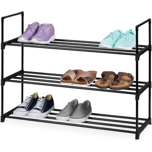 Schoenenrek metaal 3 etages voor 12 paar schoenen HBD: 67 x 90.5 x 30.5 cm opbergrek schoenen zwart boot tray