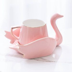 Ceramic Swan Coffee Cup and Coaster Set, Coffee Cup and Saucer Set, Tea Cup Set, Drink Cup Set for Home Kitchen for Gift (Pink)