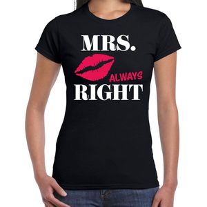 Mrs always right t-shirt zwart met roze lippen voor dames - Vrijgezellenfeest shirt/ bruiloft huwelijk koppel cadeau XXL