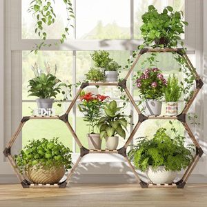 Zeshoekige plantenstandaard houten creatieve doe-het-zelf plantenrek-bloemenrek ramen hoek woonkamer-balkon-tuin kantoor (7 verdiepingen 141 x 25 x 97 cm)