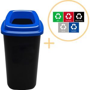 Plafor Sort Bin, Prullenbak voor afvalscheiding - 45L – Zwart/Blauw - Inclusief 5-delige Stickerset - Afvalbak voor gemakkelijk Afval Scheiden en Recycling - Afvalemmer - Vuilnisbak voor Huishouden, Keuken en Kantoor - Afvalbakken - Recyclen