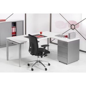 ABC Kantoormeubelen 4-poots hoekbureau met ladenblok kubus 180 x160cm ladeblok 4 lades met pennenlade bladkleur wit framekleur aluminium (ral9006) hoek links