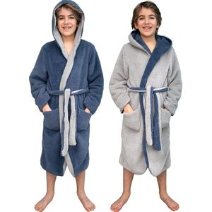 Knuffelige fleecebadjas voor kinderen - Sherpa kamerjas met zakken Sjaalkraag Riem - Omkeerbare kinderbadjas voor jongens en meisjes