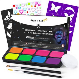 Paintaboo Glow in the Dark Schmink - Neon Schminkset Kinderen - Penselen, Sponsje, Sjablonen en Glitters - 8 Kleuren - Bevrijdingsdag