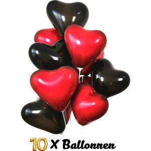 Hartjes Ballonnen - 10 Stuks - Rood & Zwart - Latex Ballonnen - Ø 25 cm - Romantische Versiering - Valentijn - Huwelijk - Verloving - Bruiloft - Jubileum